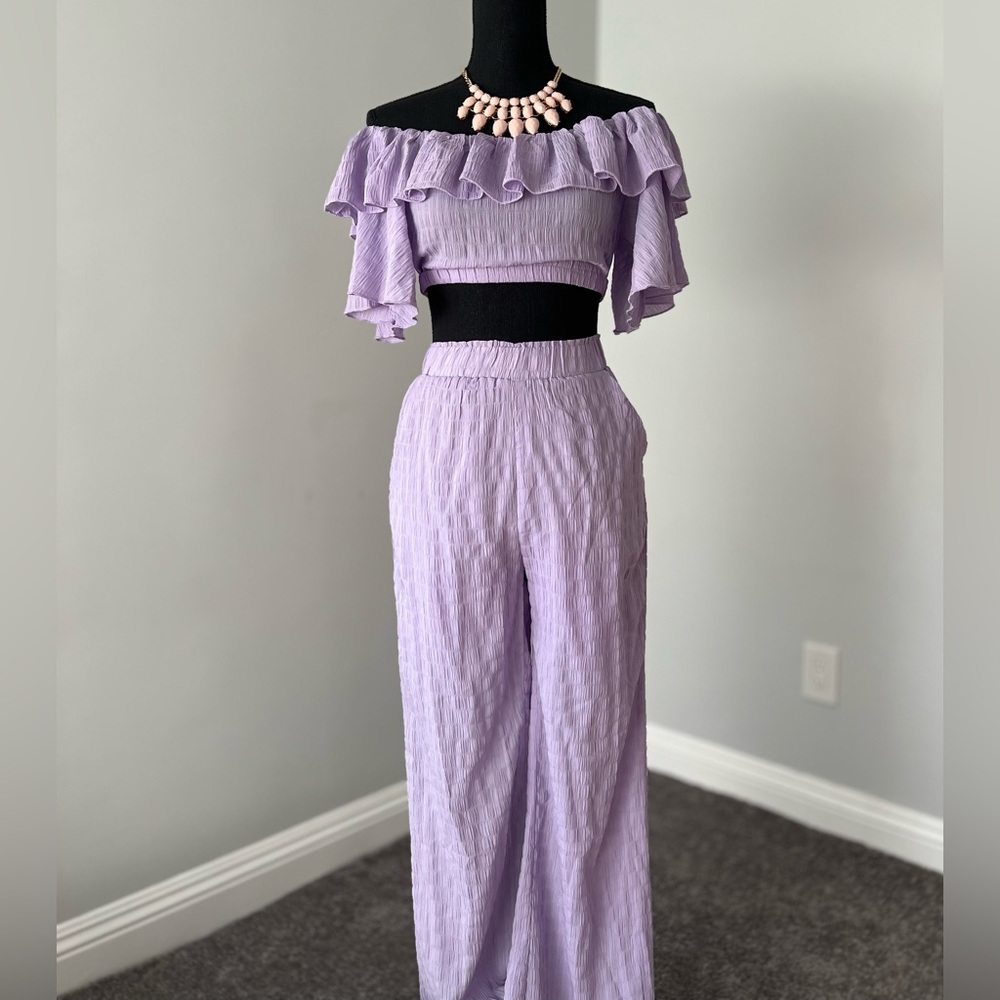 Off Shoulder Ruffle Trim Crop Top & Paperbag High Waist Pants - Two Piece Set
